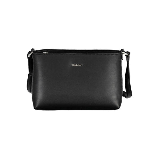 Calvin Klein black recycled polyester handbag with adjustable shoulder strap, internal card pocket, zip closure, and logo.