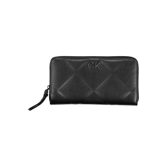 Calvin Klein black RFID blocking wallet with logo, featuring zip closure and multiple compartments for secure organization.