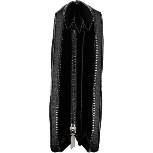 Top view of a Calvin Klein sleek black wallet with RFID blocking, featuring a zip closure and multiple compartments for cards and coins.