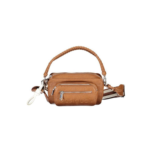 Desigual brown polyethylene handbag with removable shoulder handle, adjustable straps, multiple pockets, and zip closure.