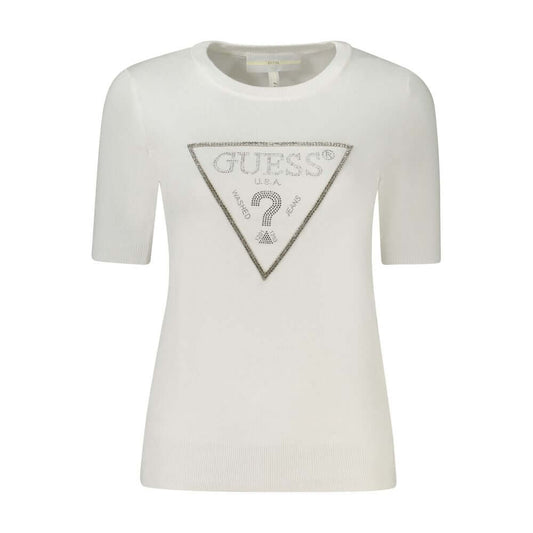 Guess Jeans white viscose women's sweater with rhinestone embellishments and iconic logo, showcasing high-end fashion and sophistication.