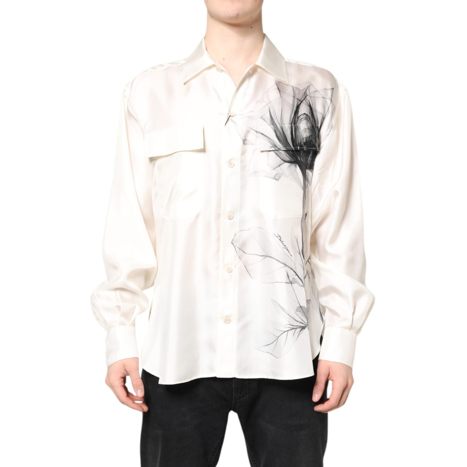 Dolce & Gabbana Ivory Silk Long Sleeves Men Casual Shirt