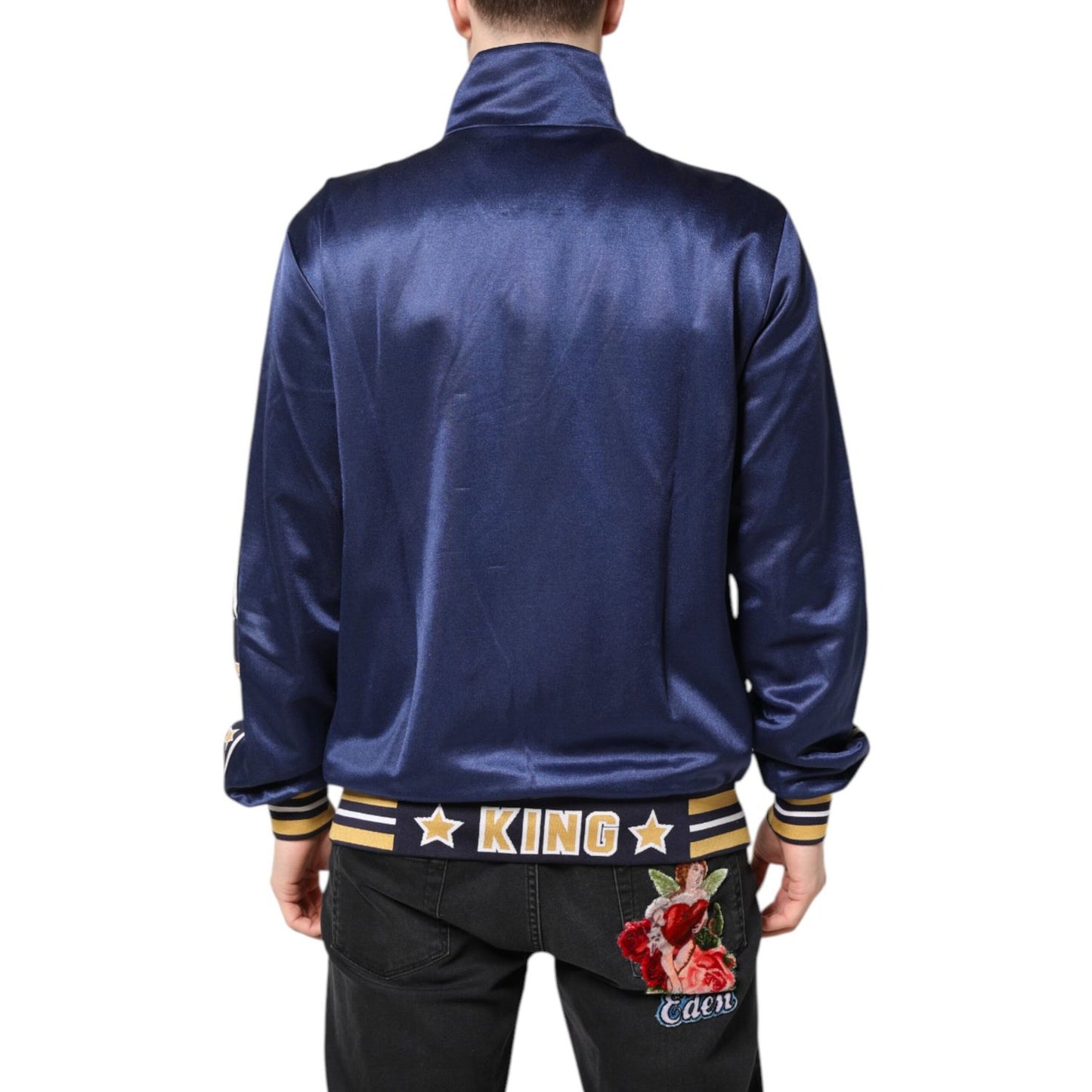 Dolce & Gabbana Blue Nylon Logo Patch Men Bomber Sweater