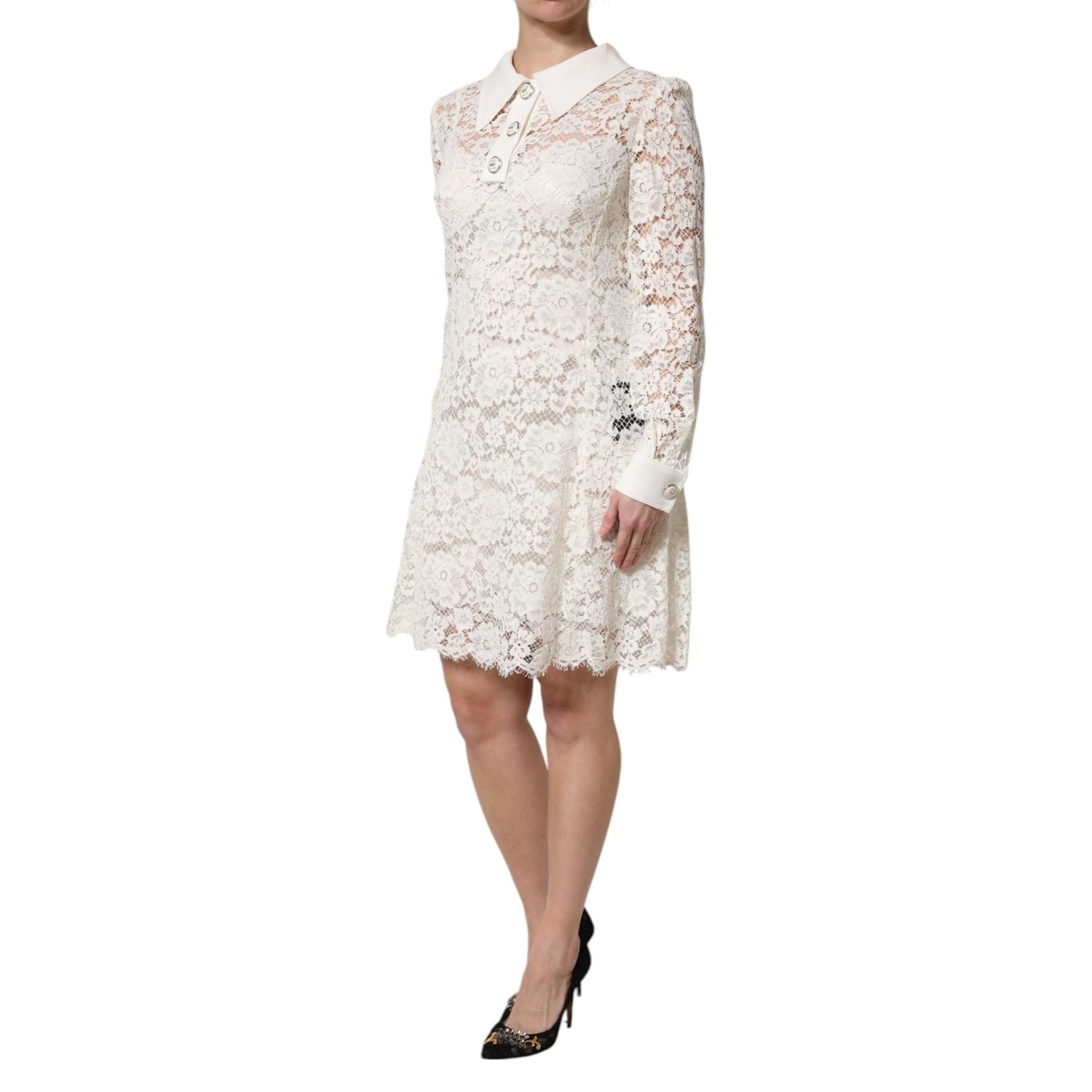 Dolce & Gabbana White Floral Lace Long Sleeves Shift Dress