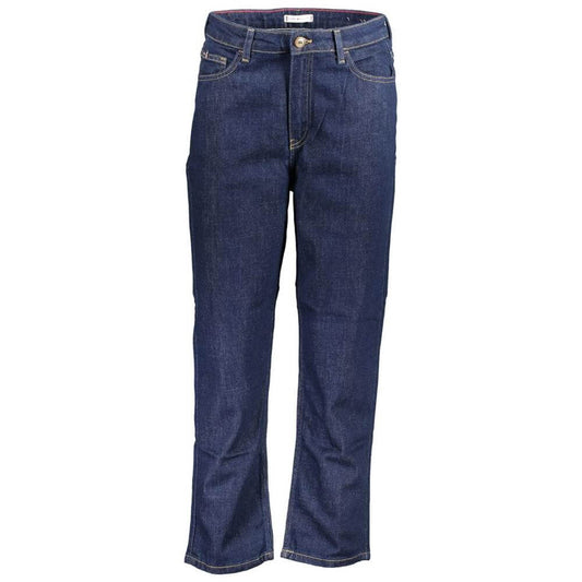 Tommy Hilfiger blue cotton jeans, classic straight fit with button and zip, featuring 5 pockets and logo, made with 20% recycled cotton.