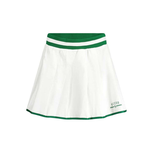 Guess Jeans white polyester women's skirt with elastic waist and green accents, featuring an iconic logo. Fashion-forward chic design.