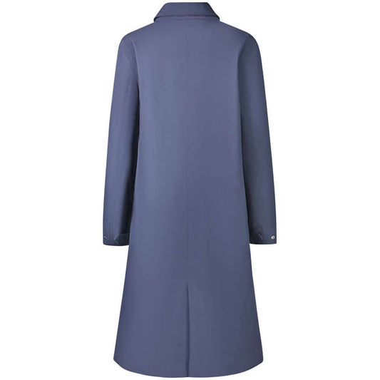 Back view of K-WAY blue polyester women's coat with long sleeves and elegant design.