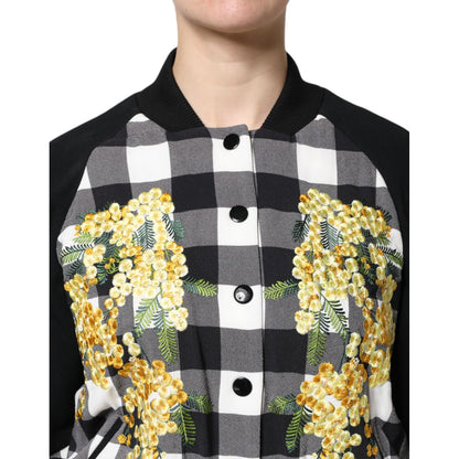 Dolce & Gabbana Black White Check Floral Button Down Jacket