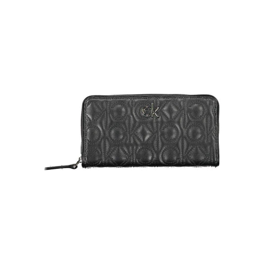Calvin Klein black polyethylene women's wallet with RFID lock and zip closure, featuring embossed design and CK logo for chic elegance.