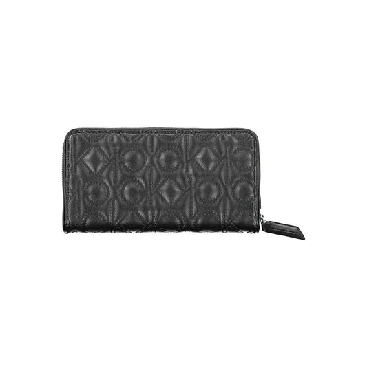 Calvin Klein black polyethylene women's wallet with zip closure and embossed design, featuring RFID lock for secure organization.