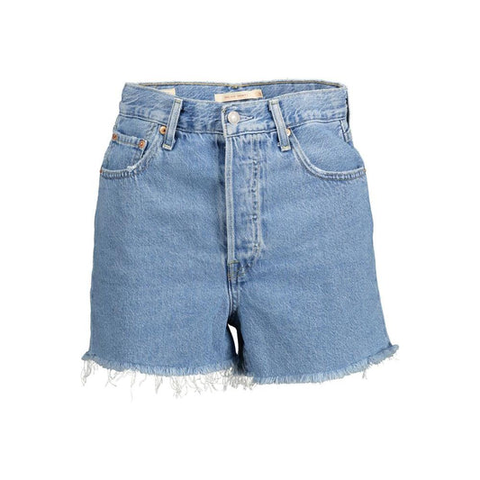 Levi's light blue cotton women's shorts with fringed hem and button fly, featuring classic 5-pocket design for casual summer style.
