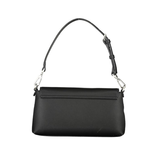 Calvin Klein black polyester handbag with removable handle and adjustable shoulder strap, featuring internal card pocket and logo.