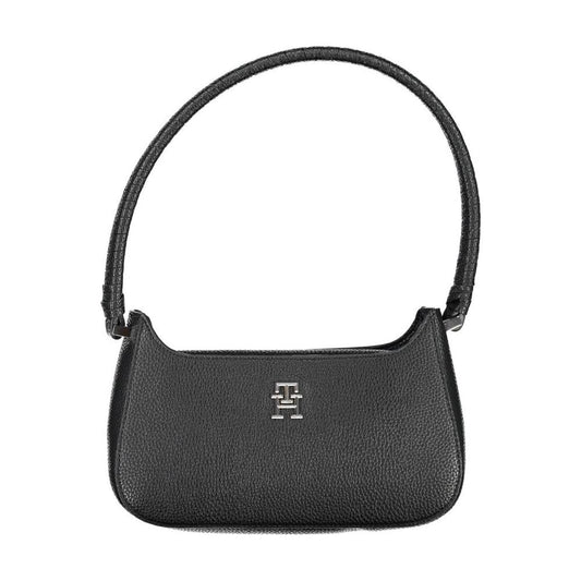 Tommy Hilfiger black polyethylene handbag with shoulder handle, magnet closure, and logo emblem
