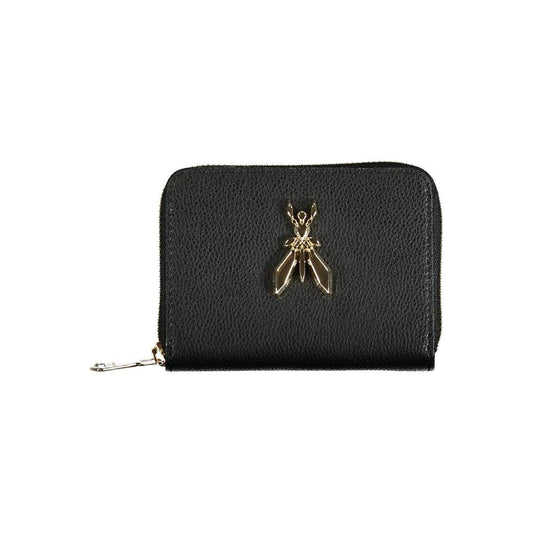 Patrizia Pepe black leather wallet with zip closure, featuring 2 compartments, card slots, coin purse, and logo emblem.