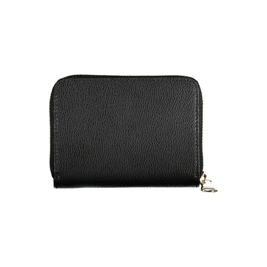 Patrizia Pepe black leather wallet with zip closure, featuring two compartments, card slots, coin purse, embossed logo, elegant design.