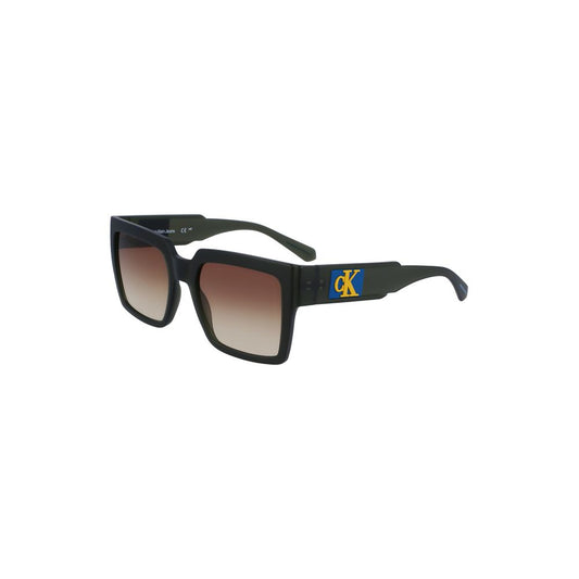 Calvin Klein brown plastic women's sunglasses with square lenses and yellow accents, perfect for a chic, modern style.