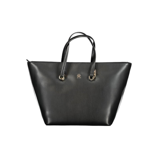 Tommy Hilfiger black polyethylene handbag with two shoulder handles, zip closure, and logo detail.