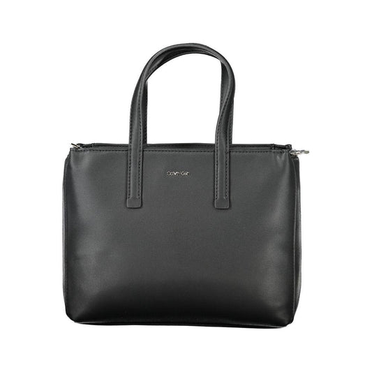 Calvin Klein black polyester women's handbag with dual handles and zip closure, showcasing urban-chic style and sustainable design.
