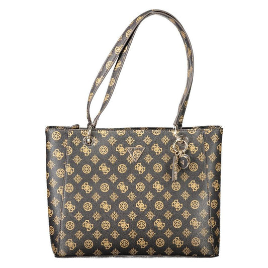 Guess Jeans brown polyethylene women's handbag with dual straps and gold logo pattern, featuring external pockets and zip closure.