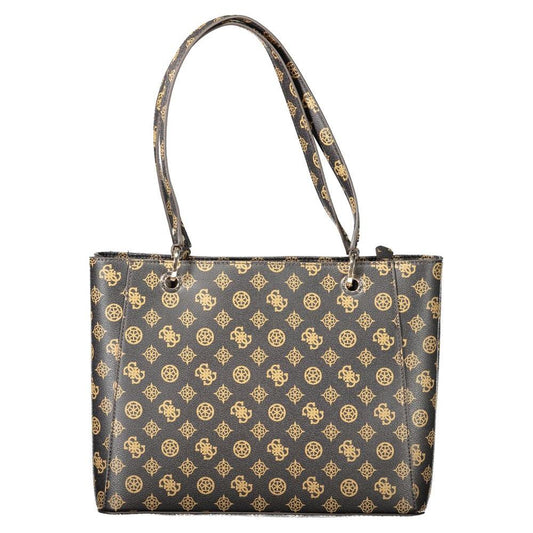 Guess Jeans Noelle brown handbag with dual straps, logo pattern, and external pocket for stylish organization.