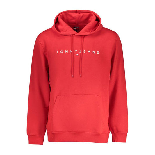 Tommy Hilfiger red cotton men's hooded sweatshirt with iconic embroidery and front pocket, featuring Tommy Jeans logo.