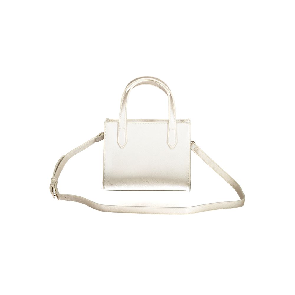 Beige handbag with shoulder strap and two handles, ideal for versatile styling with a sleek design.