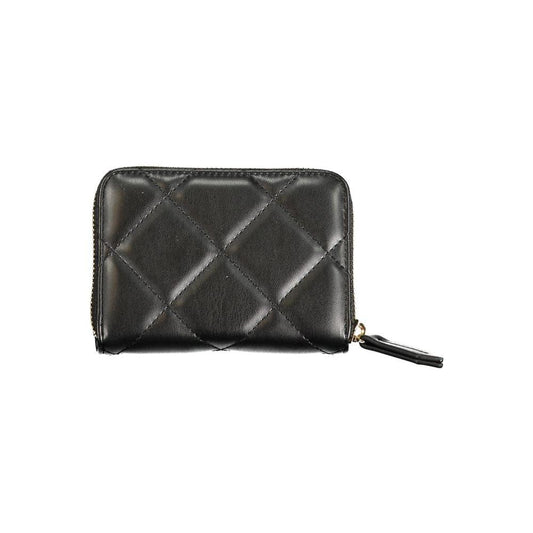 Valentino Bags black polyethylene wallet with quilted design, zip closure, and multiple compartments for cards and coins.