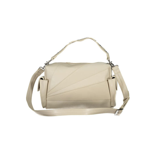 Desigual beige polyethylene handbag with adjustable shoulder strap, removable handle, side pockets, and logo details.