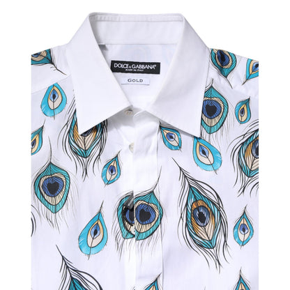 Dolce & Gabbana White Cotton Feather Print GOLD Dress Shirt