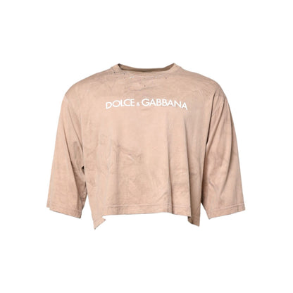 Dolce & Gabbana Beige Tie Dye Logo Print Cropped T-shirt