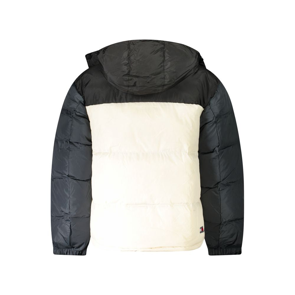 Tommy Hilfiger Black Recycled Polyester Men Jacket with removable hood and contrasting design.