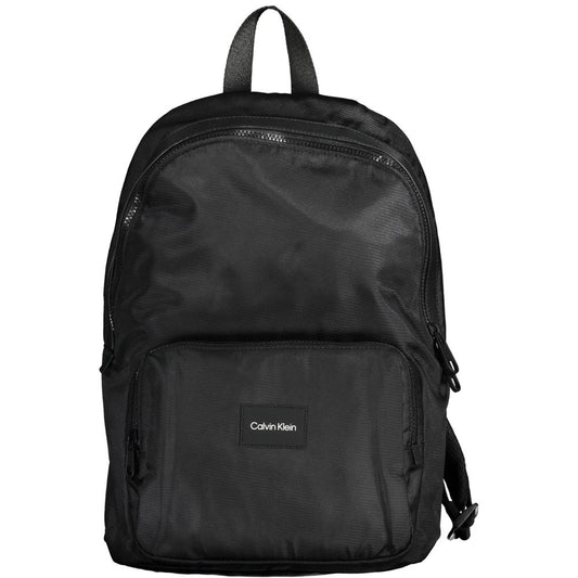 Calvin Klein Black Polyester Men Backpack with adjustable straps and bold logo, made from eco-friendly recycled polyester material.