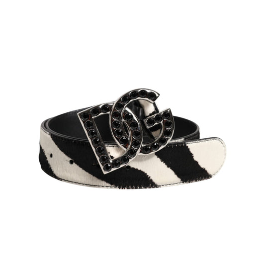 Dolce & Gabbana White Black Leather Zebra DG Crystal Buckle Belt