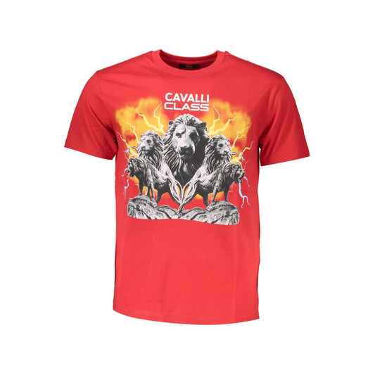 Cavalli Class Red Cotton Men T-Shirt with lion print and iconic logo, short sleeve, crew neck, premium cotton, bold statement fashion.