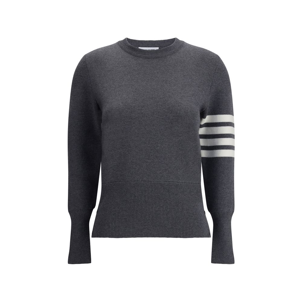 Thom Browne Virgin wool Sweater featuring ribbed cuffs and iconic horizontal bands on a dark grey background.