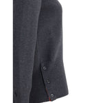 Close-up view of the Thom Browne Virgin wool Sweater's ribbed cuffs and side buttons in a dark gray color.