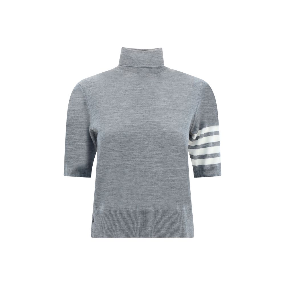 Thom Browne Turtleneck Sweater with ribbed short sleeves and iconic bands on left sleeve, featuring a monochrome pattern and contrasting hems.
