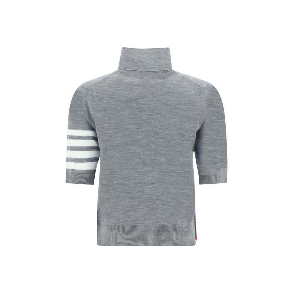 Thom Browne Turtleneck Sweater back view with iconic sleeve bands and ribbed details, showcasing its elegant monochrome design.