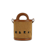 Marni Tropicalia Bucket Bag in raffia with leather trim, showcasing top handles and adjustable shoulder strap for versatile wear.