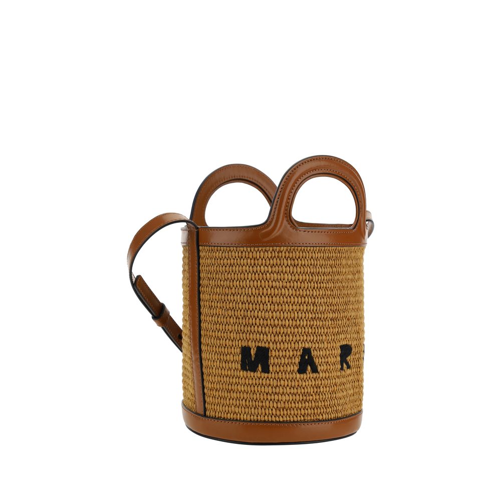 Marni Tropicalia Bucket Bag with raffia design, leather trim, top handle, adjustable strap, and iconic branding on the front.