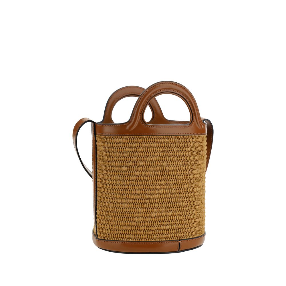 Marni Tropicalia Bucket Bag with raffia and leather trim, featuring round leather handles and adjustable strap for versatile wear.