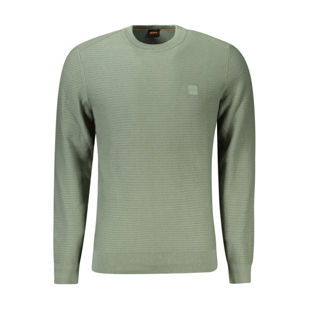 Hugo Boss Green Cotton Men Sweater, long-sleeved, crew neck with iconic logo, sophisticated and stylish design for trendsetters.