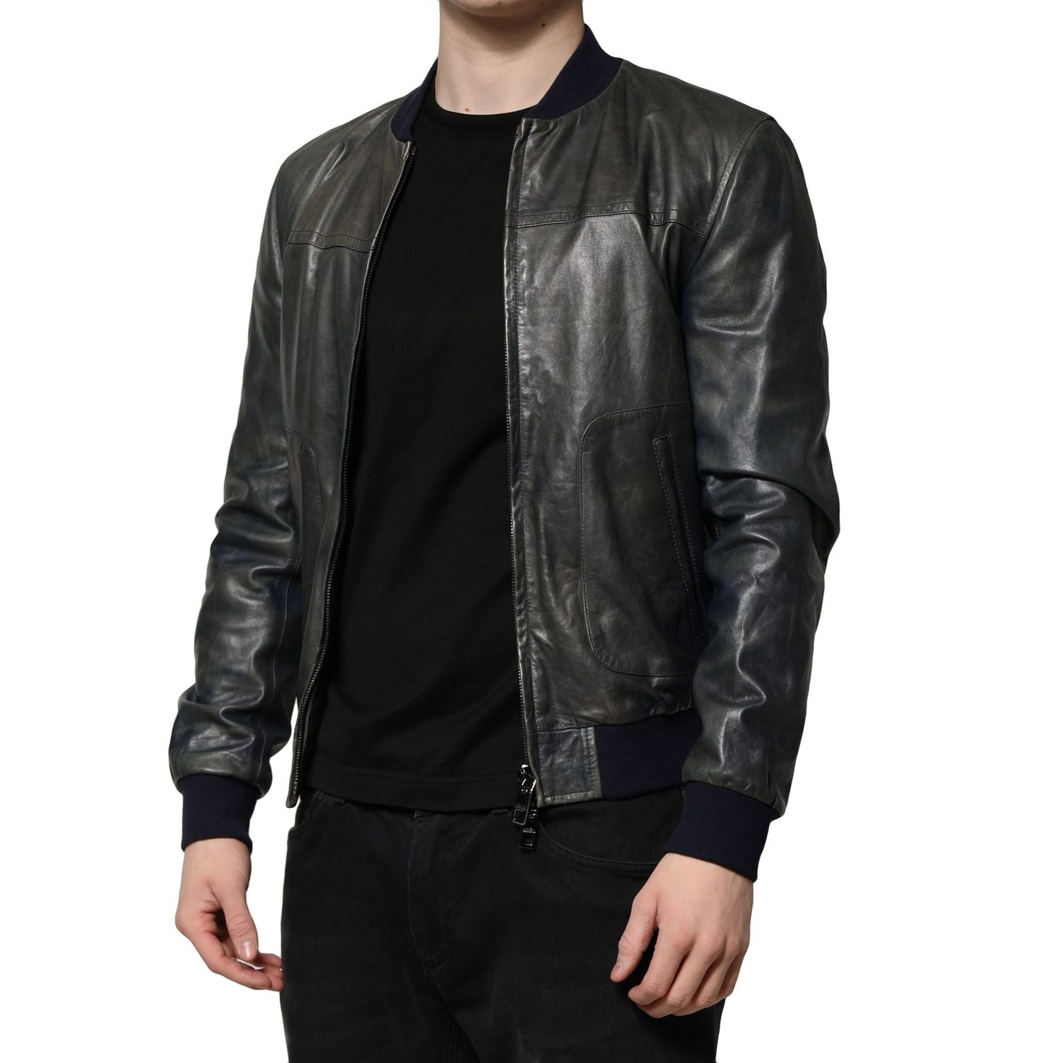Dolce & Gabbana Black Lambskin Leather Biker Full Zip Jacket