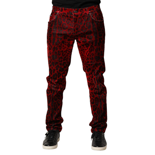 Dolce & Gabbana Red Leopard Print Cotton Skinny Denim Jeans PAN76453-54