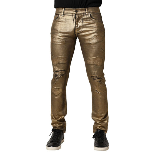 Dolce & Gabbana Gold Tattered Cotton Stretch Slim Denim Jeans PAN76482-48