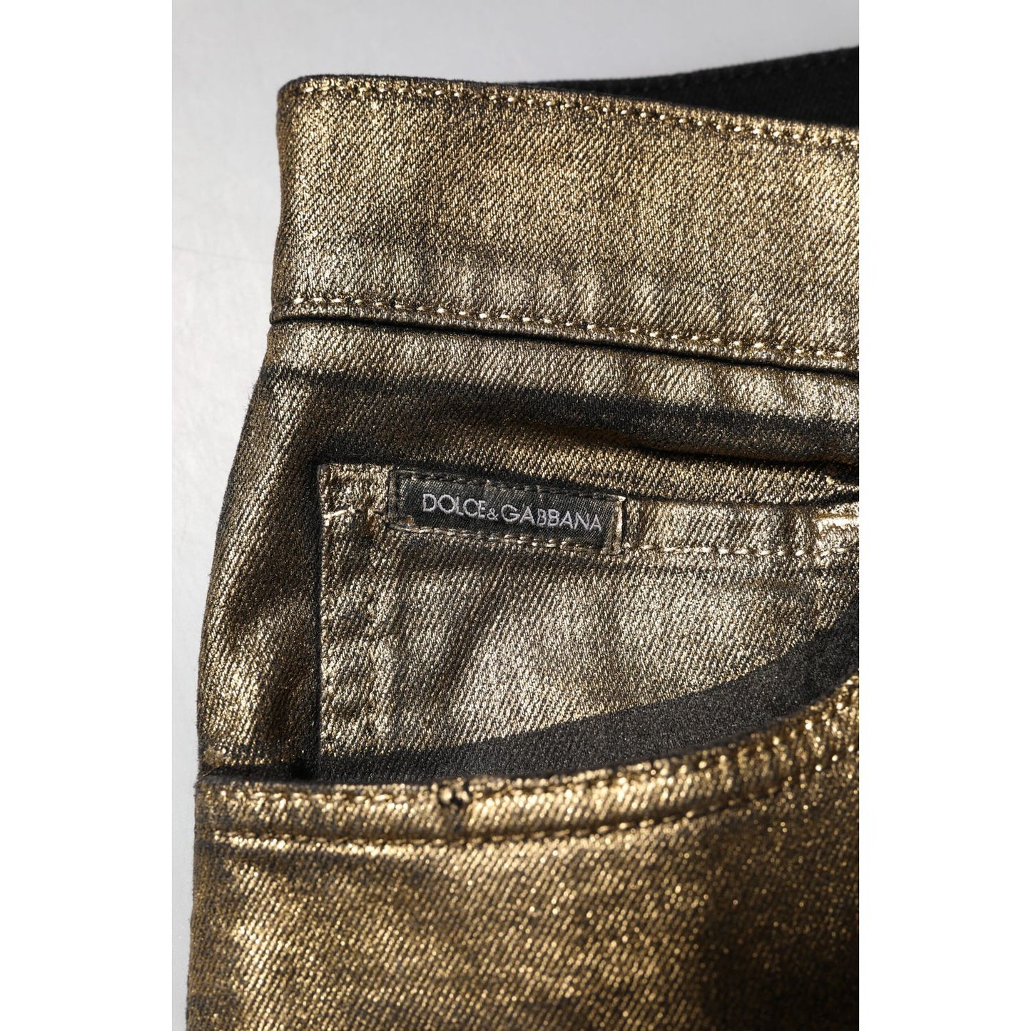 Dolce & Gabbana Gold Tattered Cotton Stretch Slim Denim Jeans