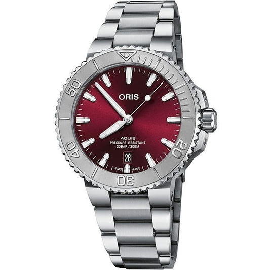 ORIS MOD. AQUIS DATE RELIEF CHERRY wristwatch with stainless steel strap, 41.5 mm case, water resistant to 30 ATM, sapphire dial.