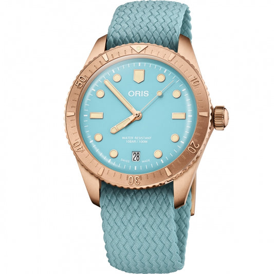 ORIS MOD. DIVERS SIXTY-FIVE wristwatch with bronze case and blue fabric strap, 38mm, water resistant, Swiss made.