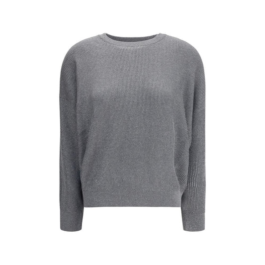Brunello Cucinelli Gray Cotton Sweatshirt with ribbed design and crew neck, showcasing elegance with a lurex yarn shine in AW25 style.