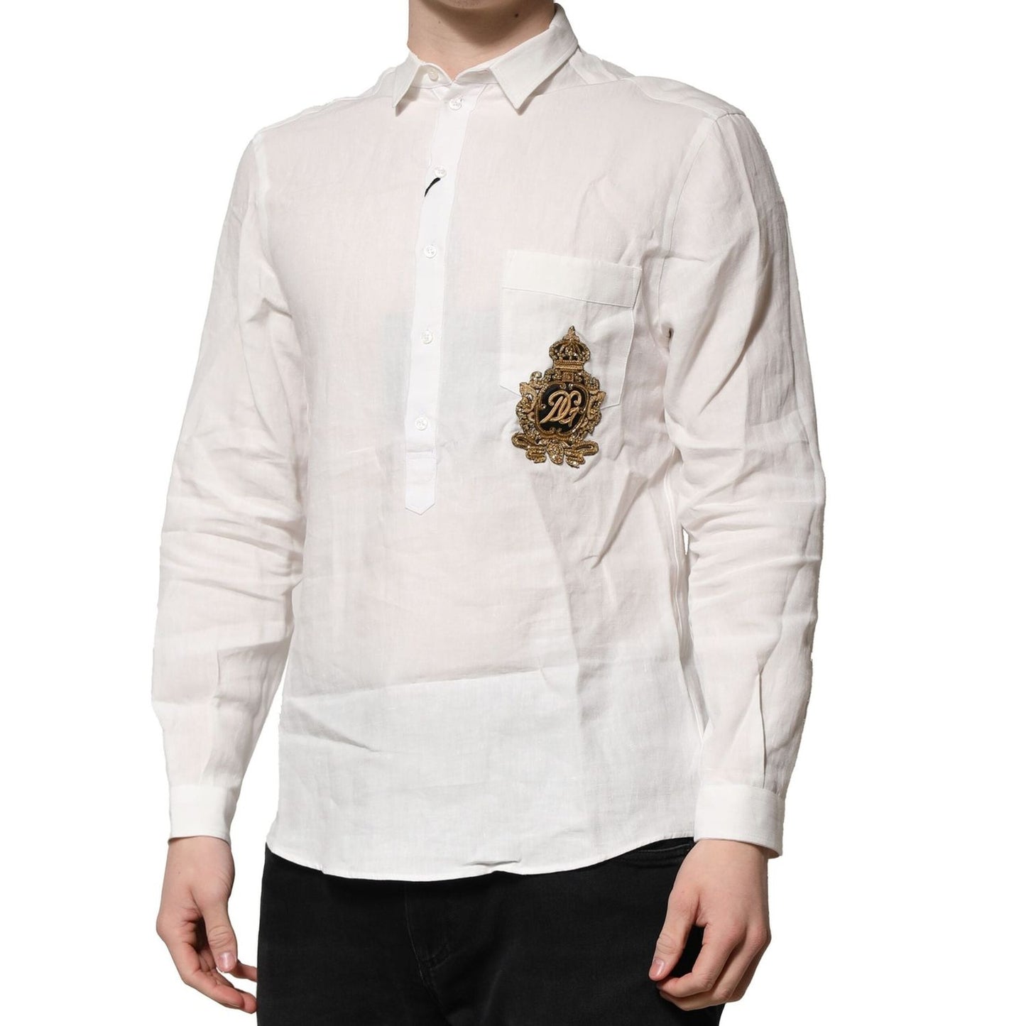 Dolce & Gabbana White DG Crown Embellish Dress Formal Shirt TSH906795-37